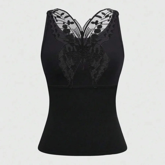 Women's Summer Butterfly Embroidery Mesh Insert Round Neck Sleeveless Tank Top - Picture 5 of 5